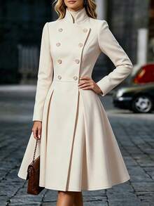 SHEIN LUNE Women's Solid Color Wool Fabric Design Stand Collar Cinched Waist Flared Long Sleeve Button-Front Elegant Sophisticated Elegant Autumn Winter Overcoat New Essential Fashion Item Niche Design Versatile Long Coat - Apricot - View 5