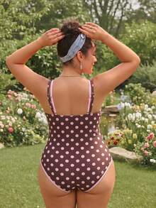 Swim Mod 2026 New Spring/Summer Plus Size One-Piece Polka Dot Random Print Large Scoop Neck Front Center White Ring Design Dual-Color Detachable Shoulder Strap Women's Swimsuit Suitable For Beach Vacation Wear - Multicolor - View 2
