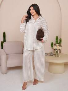 The Leen Edit Autumn/Winter New Loose Casual Striped Women's 2 Pieces Set Elegant - Khaki - View 2