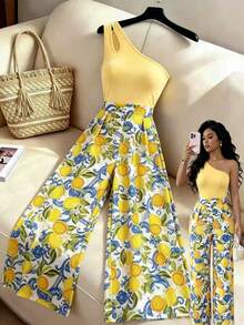 GlowEve Women's Yellow One-Shoulder Halter Jumpsuit, Lemon Print High Waist Zipper Design, - Multicolor - View 3