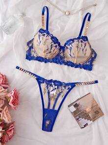 SHEIN Esselle 2pcs Embroidered Women's Lingerie Set - Royal Blue - View 1