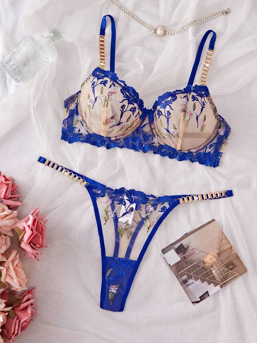 SHEIN Esselle 2pcs Embroidered Women's Lingerie Set - Royal Blue - View 1