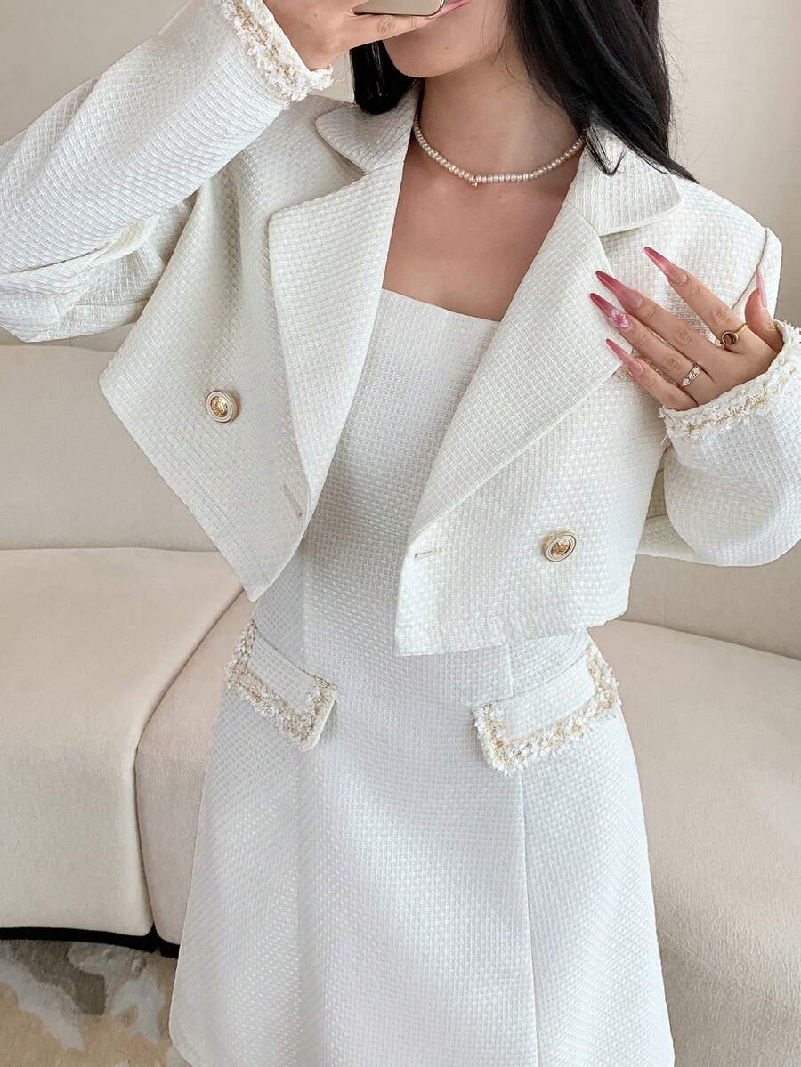 Feyla 女款純色翻領長袖雙排扣外套與細肩帶洋裝優雅套裝