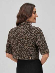 SHEIN EZwear 女士豹纹纽扣牛仔夹克 - 咖啡棕 - 查看 2