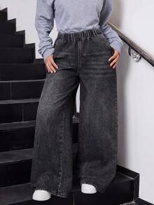 SHEIN Teen GirlLoose Straight Leg Blue Jeans - Dark Grey - View 3
