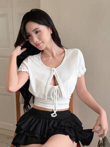 Tideelle White Short Cardigan + Camisole Top Women's Summer Design 2 Pieces Set - White - View 5