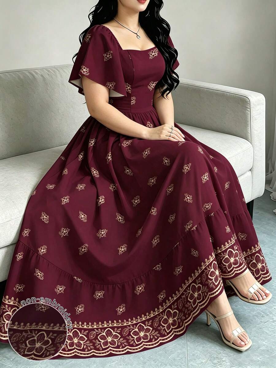 Modelyn 桃紅蕾絲印花玫瑰紫女款大尺碼優雅洋裝,女裝時尚方領飄逸袖短袖洋裝,下擺拼接荷葉邊設計,夏季度假風服飾 - 彩色 - 查看 1