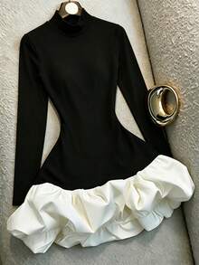 SHEIN Franclia French Fashion High Neck Long Sleeve Slim Fit Black Short Dress, Suitable For Date Night Out Party And Office Wear In Autumn/Winter Elegant Chic Dress - Black - View 2