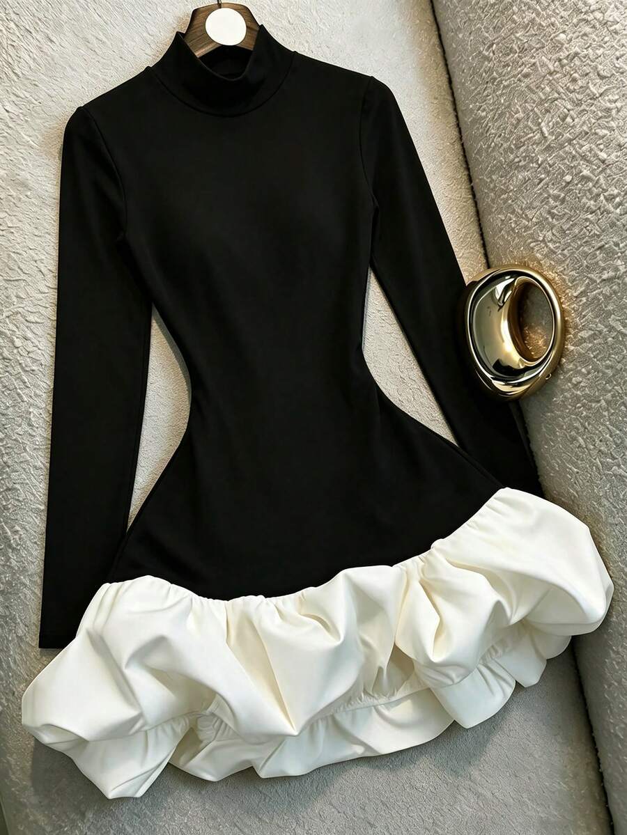 SHEIN Franclia French Fashion High Neck Long Sleeve Slim Fit Black Short Dress, Suitable For Date Night Out Party And Office Wear In Autumn/Winter Elegant Chic Dress