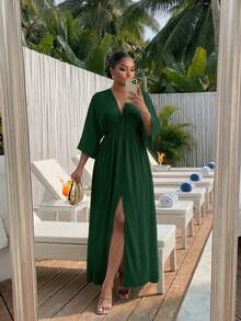 SHEIN Lady CURVE Gaun Liburan Kasual Ukuran Besar, Hijau Army Musim Gugur - Dark Green - View 5