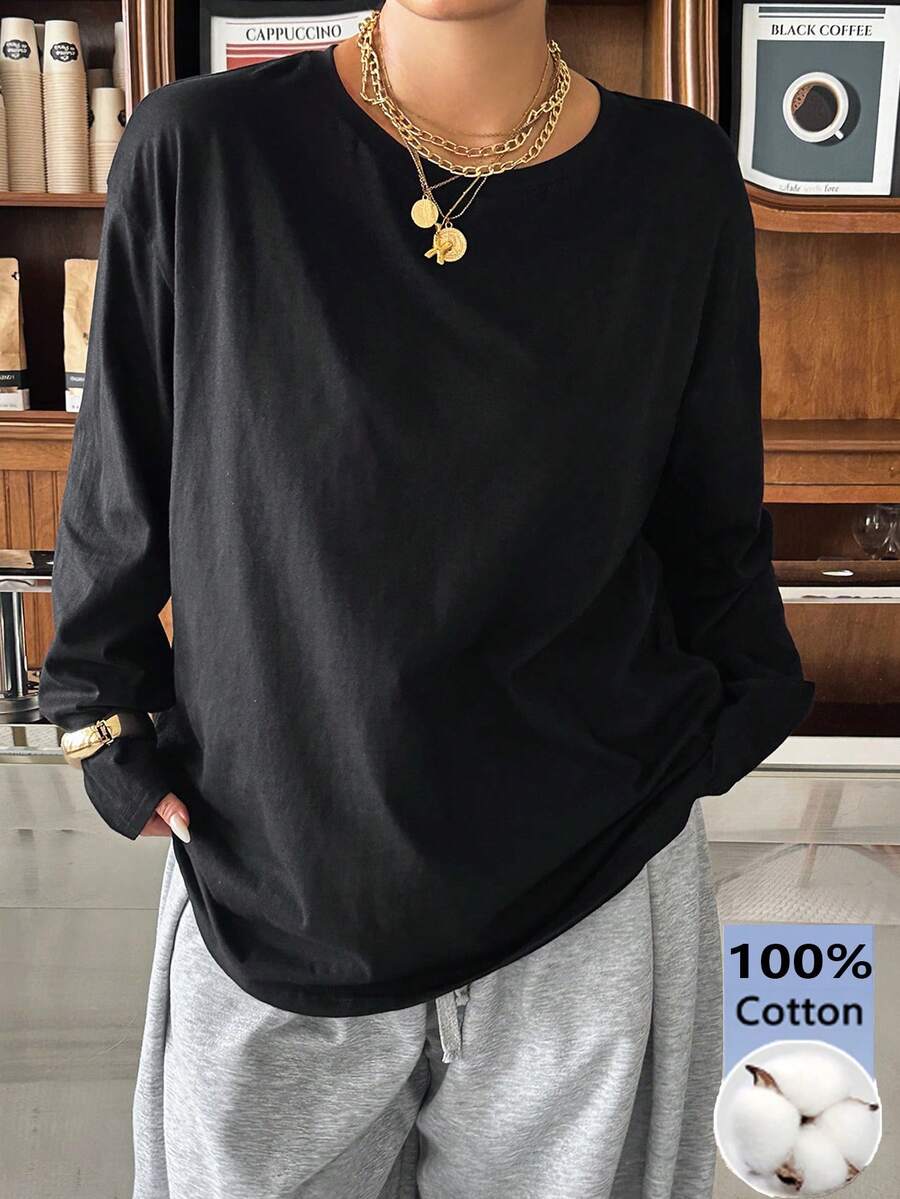 Muchica Plus Size Simple Black Casual Crew Neck Long Sleeve T-Shirt Fall - Black - View 1