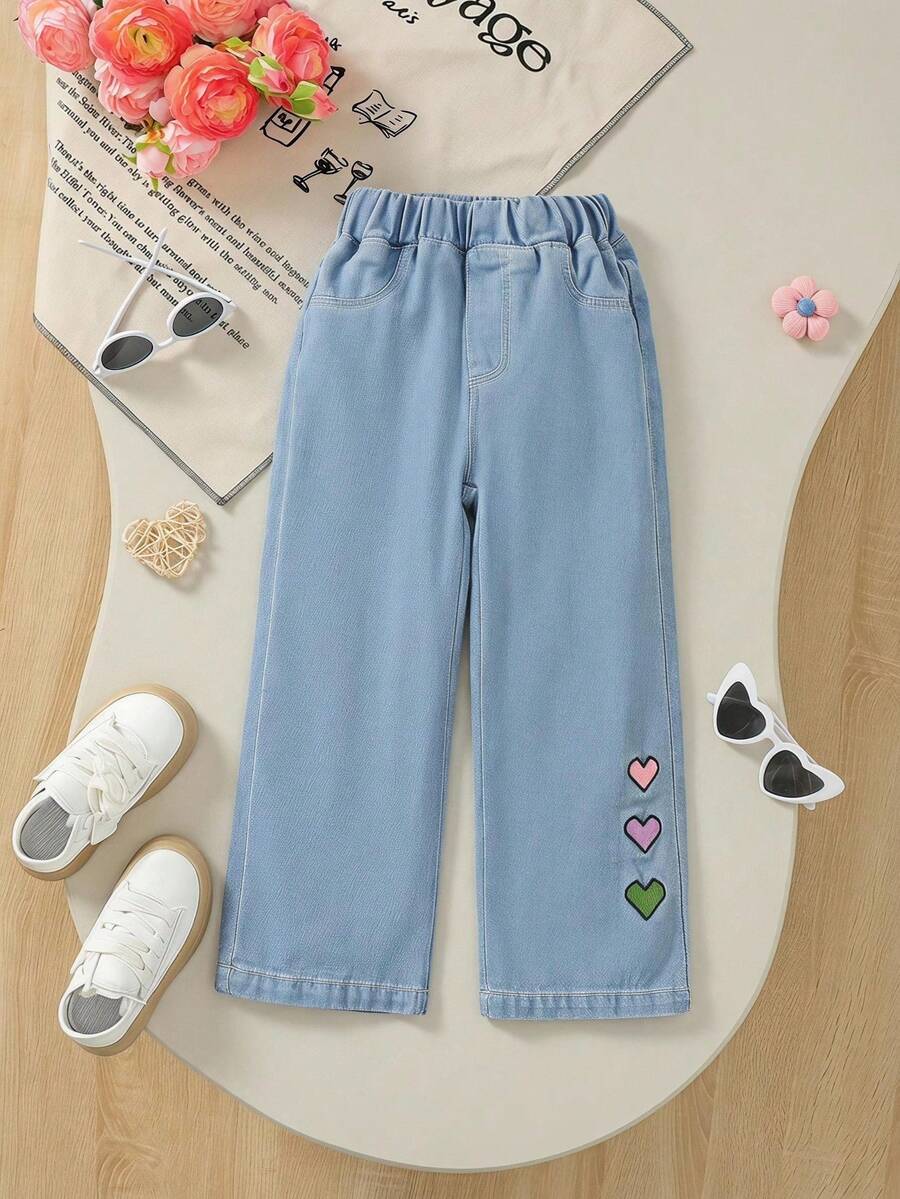SHEIN Young Girl' Casual Street Style Heart Embroidered Retro Denim Jeans Summer Holiday - Light Wash - View 1