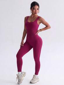 Dewbera Dewbera 1pc Women's Purple-Red Knit Seamless Comfortable Elastic Spaghetti Strap Jumpsuit, Backless Sexy, Suitable For Spring, Summer, Autumn, Winter - Red Violet - View 2