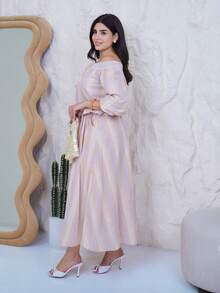 The Leen Edit Spring/Summer Lace Trim Patchwork Loose Casual Textured Pleated Pink Striped Valentine's Day Wedding Vacation Beach Off-Shoulder Short Top Elegant - Burnt Orange - View 2