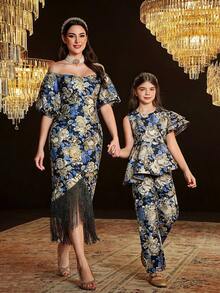 SHEIN Tween 女童可爱圆领提花连体裤，带不对称荷叶边下摆 - 藍色 - 查看 3