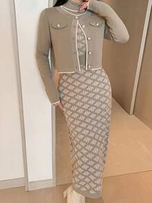 Feyla Women's All-Over Print Dress And Long Sleeve Top Casual Knit 2 Pieces Set - Khaki - View 7