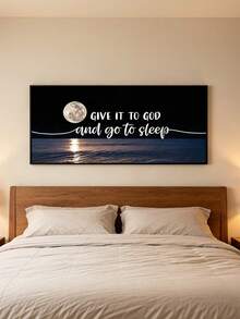1 Pc Unframed Canvas Wall Art, Moon Ocean Night Scene Canvas Print With Quote "Give It To God And Go To Sleep", Modern Landscape Canvas Poster For Bedroom, Living Room Home Decoration - multicolor - View 7