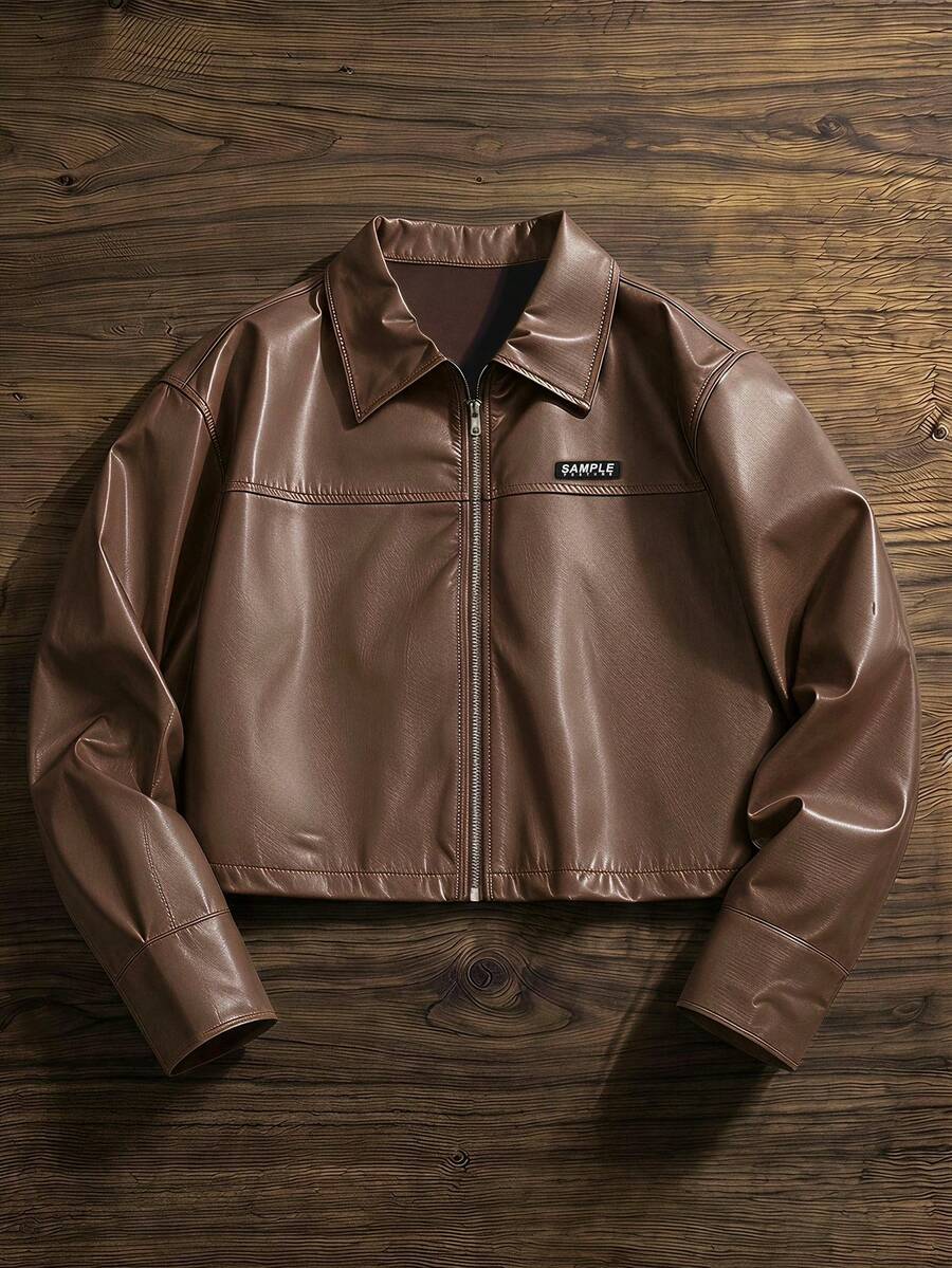 SWAVVY Men's Woven Fashion Casual Loose Long Sleeve Zip-Up Jacket, Spring, Letter, Outdoor - Brown - View 1