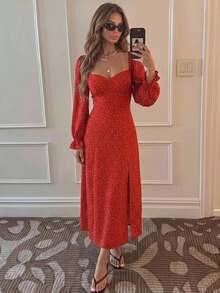 KARISMINA Women's Red Midi Dress Puff Sleeve Printed Cinched Waist Pleated Banquet Reception Banquet Celebration Festive Charming Attractive Appealing Holiday - Red - View 5