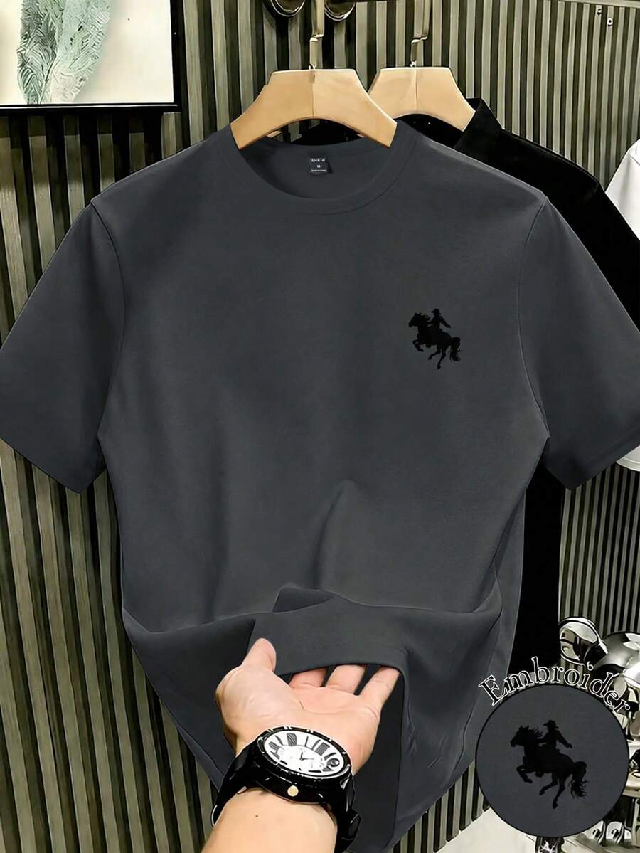Manfinity Hypemode Men's Summer Casual Versatile Embroidered Detail T-Shirt - Grey - View 1