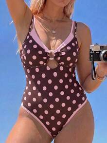 Swim Mod 2026 New Spring/Summer Plus Size One-Piece Polka Dot Random Print Large Scoop Neck Front Center White Ring Design Dual-Color Detachable Shoulder Strap Women's Swimsuit Suitable For Beach Vacation Wear - Multicolor - View 3