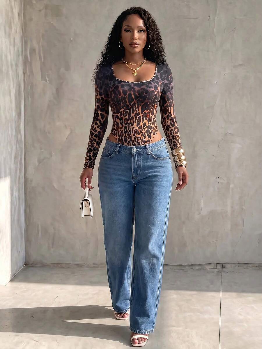 Eryvara Women's New Autumn Leopard Print Square Neck Long Sleeve Bodysuit, Home Wear, Inner Layer, Daily Versatile - Brown - View 1
