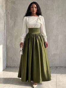 Eryvara Autumn New Patchwork Puff Sleeve Tie Neck Cinched Waist A-Line Dress, Suitable For Party, Date - Green - View 6