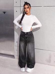 SHEIN Teen Girl Y2K Casual Basic Loose Denim Jeans, Cool Thanksgiving, Fall And Winter - Black - View 1