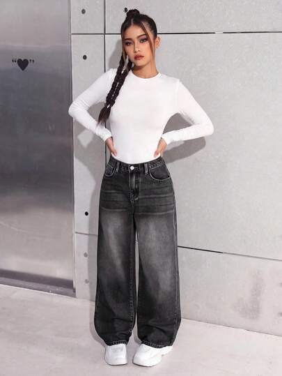 SHEIN Teen Girl Y2K Casual Basic Loose Denim Jeans, Cool Thanksgiving, Fall And Winter