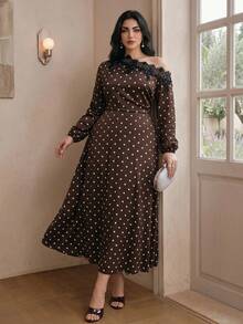 Modelyn Plus Size Women's Polka Dot Lace Patchwork Asymmetric Shoulder Casual Party Dress - Multicolor - View 6
