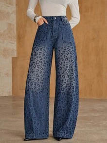 Anewsta Celana Jeans Lurus Motif Leopard dengan Hiasan Berlian Imitasi - Biru - View 2