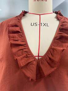 EMERY ROSE Women's Plus Size Autumn Casual Solid Orange Brown Deep V-Neck Ruffle 3/4 Sleeve Blouse, Suitable For Casual Commute Outing Daily Wear Fall - Brown - View 4