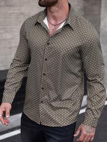 EGENSIO Plus Size Men's All-Over Print Long Sleeve Single-Breasted Casual Commute Shirt - Coffee Brown - View 3