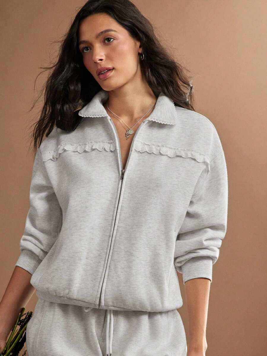 WESTFADE Collared Zipper Front Long Sleeve Eyelet & French Terry Sweatshirt, Casual, Fall, Winter, Autumn, Female Country Look, Cute Basic Top, Cowgirl, Lounge - Light Grey - View 1