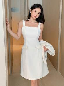 Feyla Bộ vest nữ thanh lịch gồm áo khoác hai hàng cúc cổ bẻ tay dài màu trơn và váy hai dây - Màu be - Xem 7