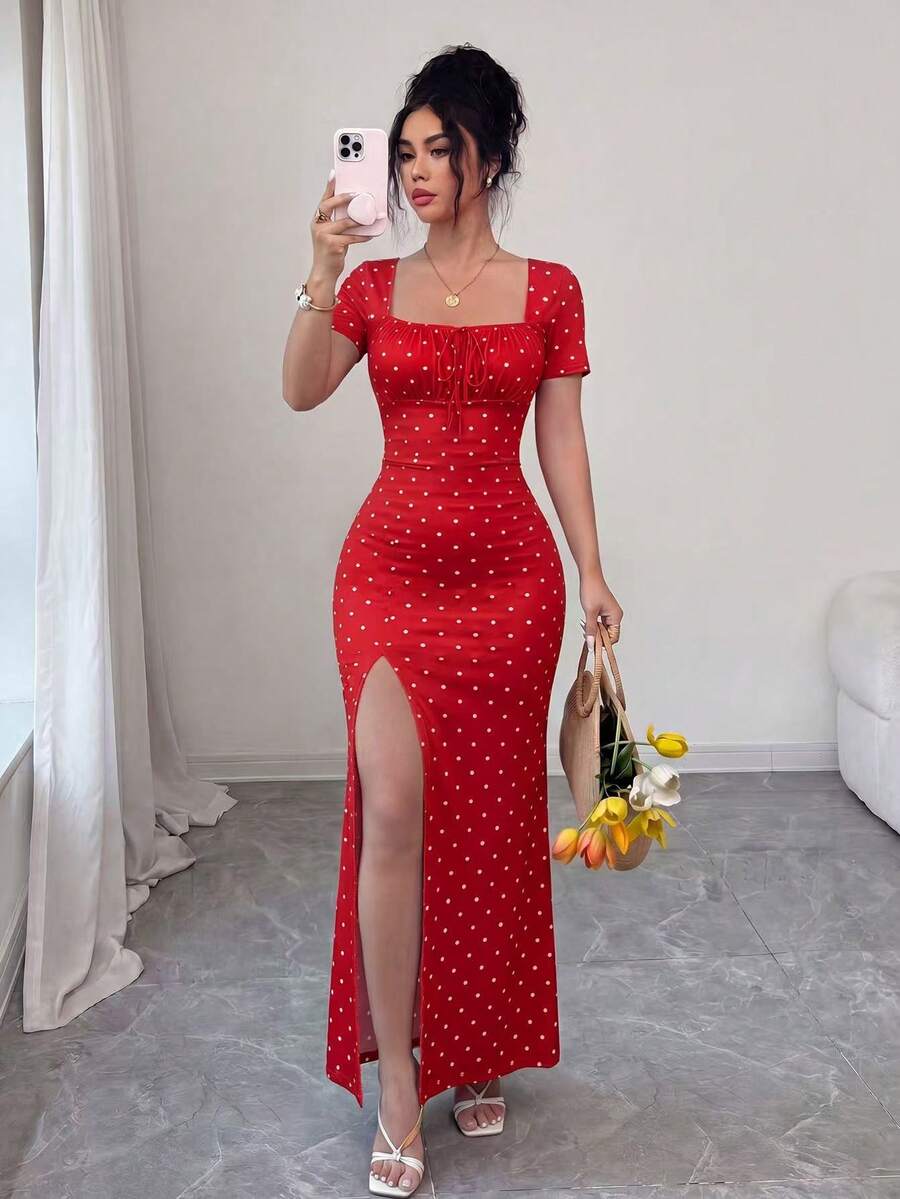Rafferiza 女款夏季短袖長洋裝 數位印花度假洋裝 泳灘度假洋裝 裙襬開衩腰部抓皺長洋裝 - 紅色 - 查看 1
