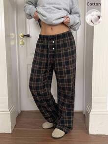 CovetEZ 女款彈性腰格紋休閒百搭日常穿著長褲 - 藏蓝色 - 查看 5