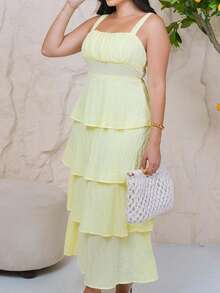 The Leen Edit Women's Pale Yellow Summer Ruffled Hem Sundress,Boho Beach Vacation Holiday,Spring Holiday Outfits Elegant - Yellow - View 5