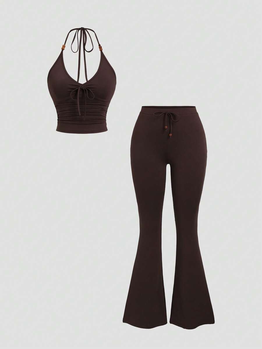 Sweetra Women's 2 Pieces Set Camisole Top And Bow Long Pants, Slimming Elegant Vacation Style - Brown - View 1