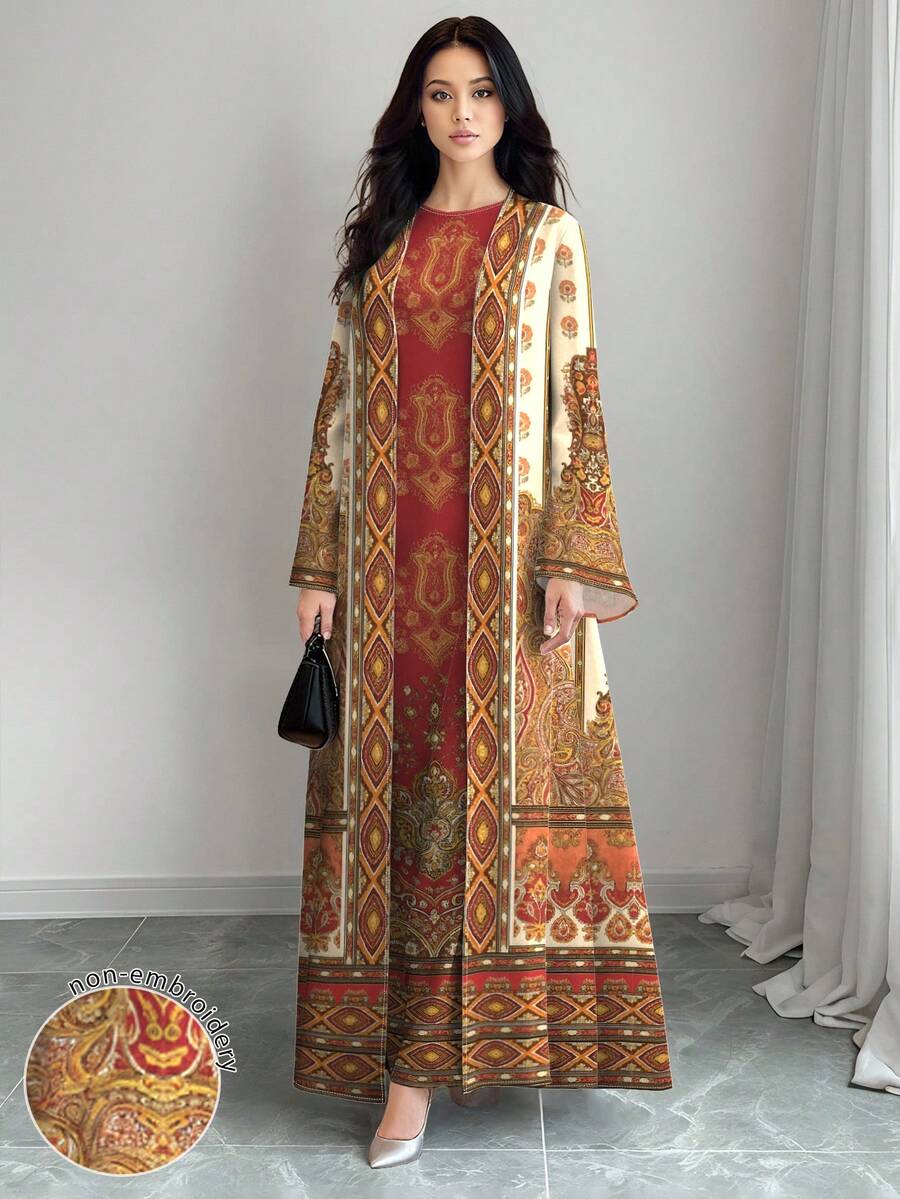 SHEIN Najma 女士优雅花卉数码印花圆领长款连衣裙和长款开衫两件套,春夏休闲装 - 彩色 - 查看 1