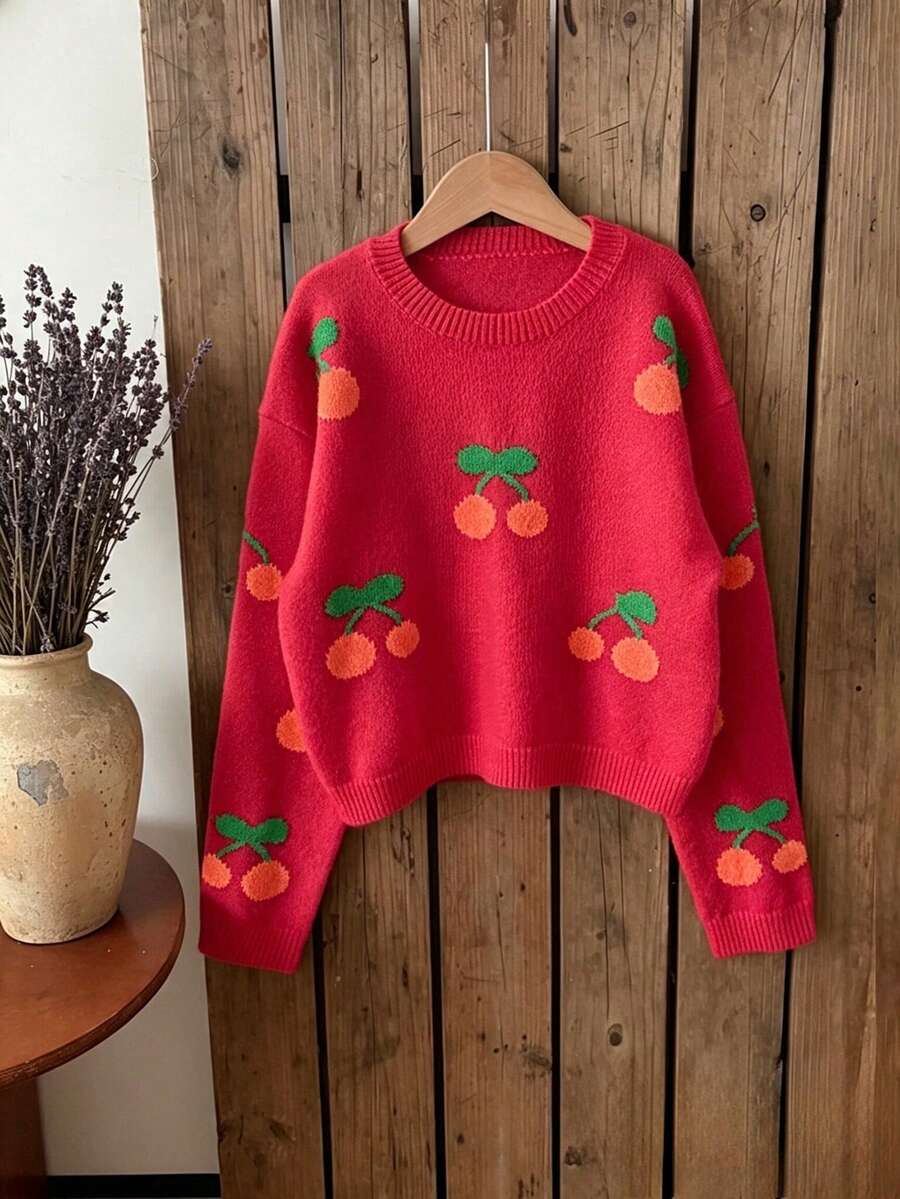 SHEIN Genkimix Kids Fashion Casual Sweet Cherry Pullover Sweater For Girls - Burgundy - View 1