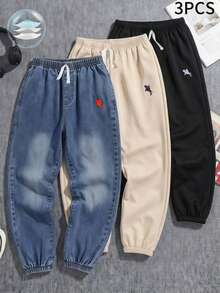 SHEIN Vacaura 青少年男孩百搭牛仔褲與梭織休閒長褲3件套，適合學校、日常穿著及其他場合，刺繡Logo裝飾，時尚有型 - 彩色 - 查看 2