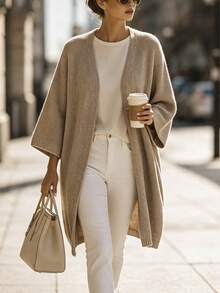 SHEIN 女款純色休閒百搭日常穿搭開襟衫 - 駝色 - 查看 3