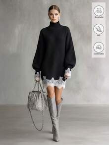 SHEIN Women's High Neck Contrast Lace Hem Elegant Knit Dress - Black - View 1