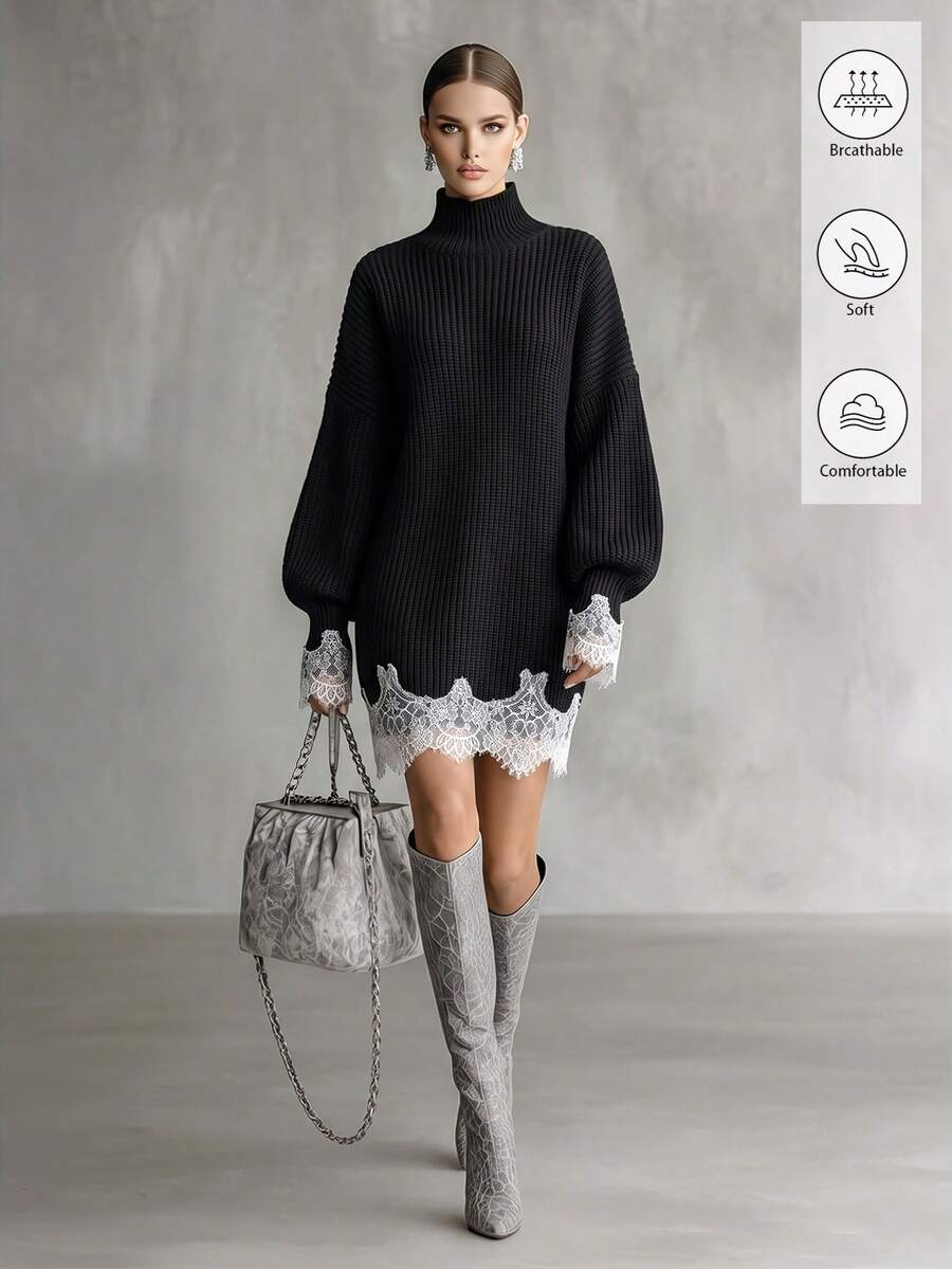 SHEIN Women's High Neck Contrast Lace Hem Elegant Knit Dress - Black - View 1