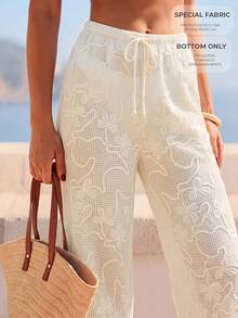 CAJUNI Women's Vacation Embroidered Sheer Casual Drawstring Waist Long Pants Beach - Cream - View 1
