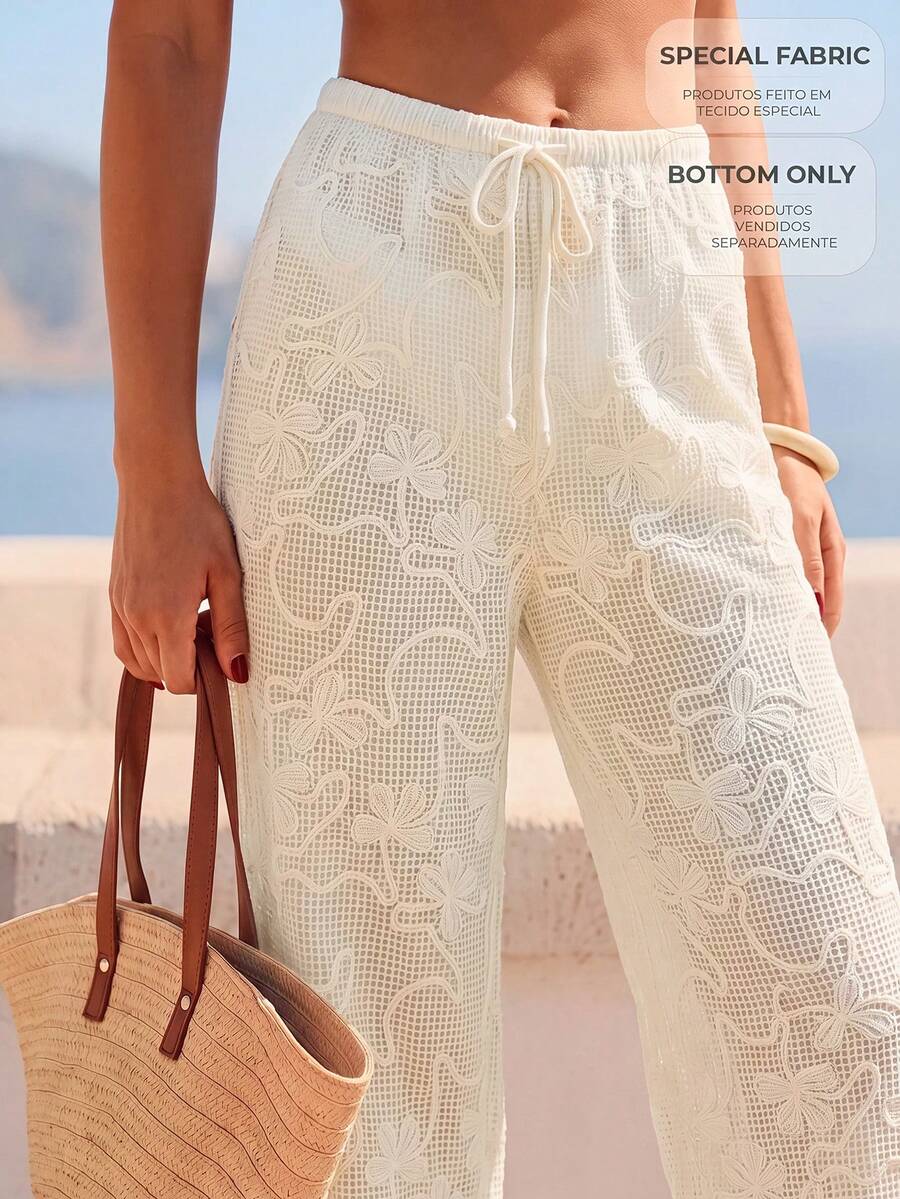 CAJUNI Women's Vacation Embroidered Sheer Casual Drawstring Waist Long Pants Beach - Cream - View 1