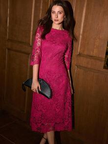 MOTF PREMIUM GAUN WANITA ELEGAN UNTUK BERKOMUTASI DENGAN LENDIR GUIPURE PANJANG SEDANG - Hot Pink - View 3