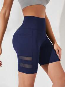 SHEIN Sports Women's Mesh Patchwork Casual Versatile Daily Travel Sports Shorts - Navy Blue - View 7