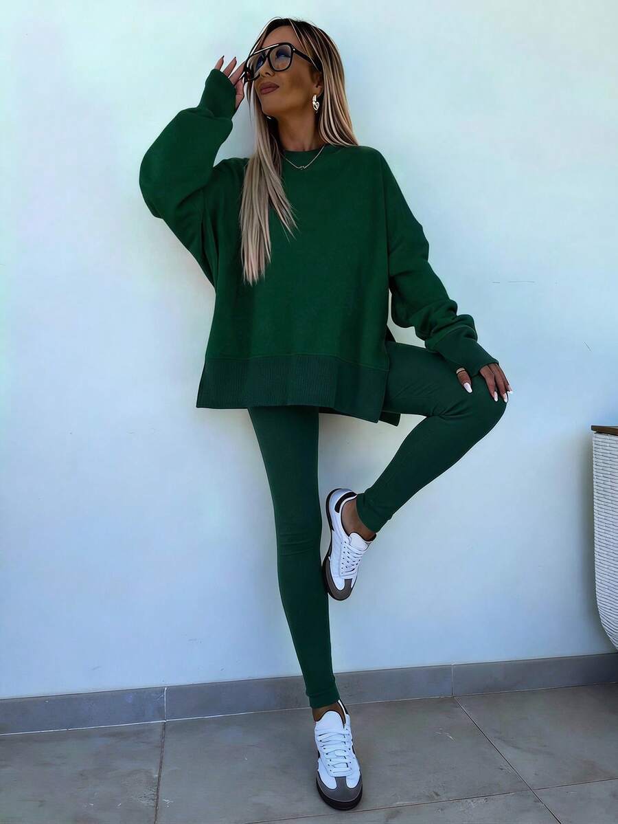 INAWLY Women's Solid Color Minimalist Long Sleeve Top And Pants Set, Casual Everyday Wear - Dark Green - View 1